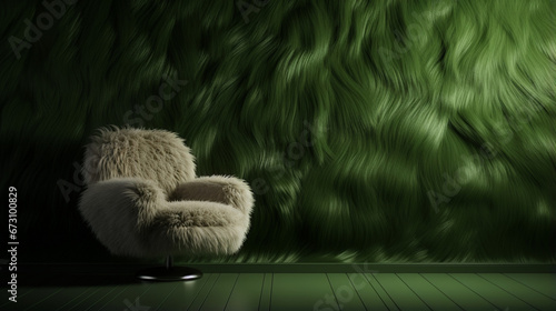 Modern stylish interior with olive green fur fluffy armchair and abstract fur minimal wall. Generative AI