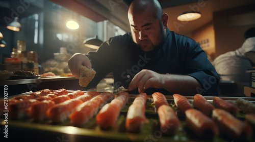 in the kitchen, a man sushi maker prepares a lot of sushi and rolls for .Generative AI