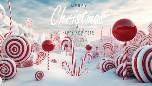 Winter scene of a candy canes and lollipops fantasy world. Merry Christmas and new year greeting card. Christmas text Calligraphic
