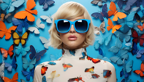A young woman in sunglasses against a background of bright butterflies. Fashion concept.