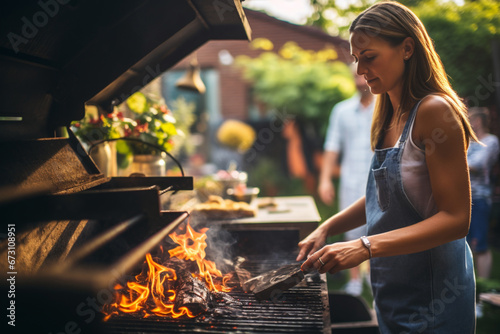 Portrait of adult woman preparing barbecue for the whole family at the backyard