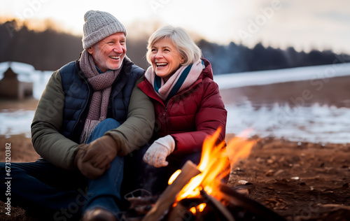 Mature senior couple sitting by a campfire, keeping warm and talking in winter with snow around them. Outdoor dating, adventure and being cozy by a fire. Shallow field of view