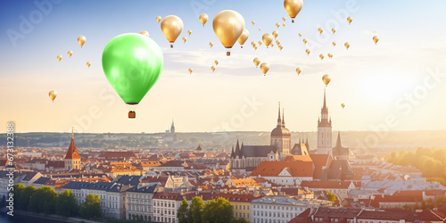 Standing out from the crowd concept. Green hot air balloon among golden balloons floating over a city during sunset