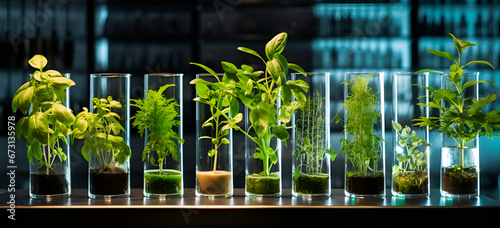 Many green plants in test tubes, Biotechnology and genetic modification