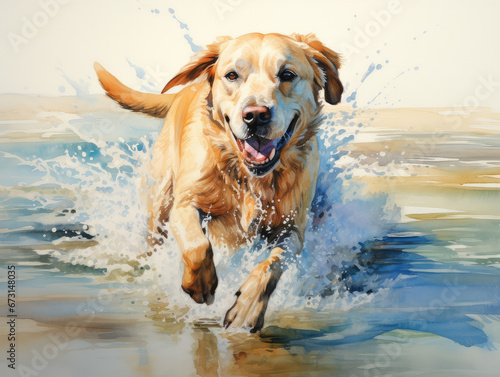 Cozy Watercolor Labrador Dog Running In Water Hunting Painting