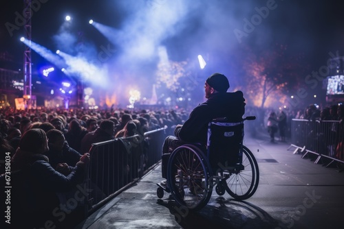 Photo of a man in a wheelchair attending a live concert with a designated accessible area. Generative AI