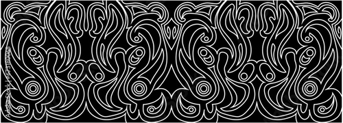 Wavy and swirly brush strokes. Seamless vector pattern. Curved lines and wavy lines. Seamless horizontal banner with doodle wavy lines. White color on a black background.
