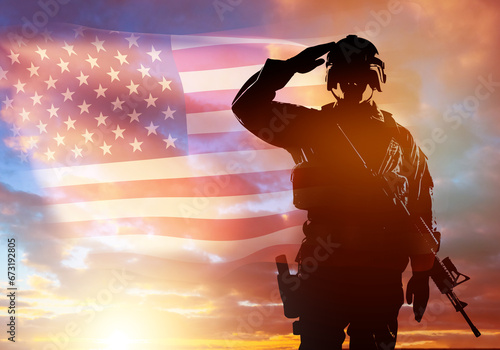 Military person from USA. Warrior army at sunset. Soldier stands with machine gun. USA flag in sky. American military person is ready for battle. Soldier salutes. Silhouette of fighter. 3d image