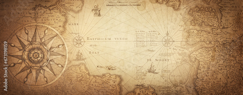 Old map collage background. A concept on the topic of sea voyages, discoveries, pirates, sailors, geography, travel and history. Pirate, travel and nautical background.