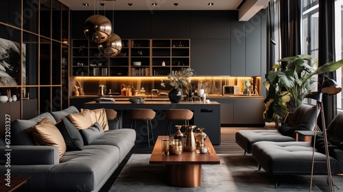 apartment design ideas with lots of lights, in the style of dark gray and gold, heavy lines, decorative, wood, high quality photo, postmodernist
