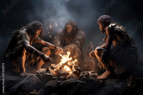 A Cozy Neanderthal Evening Gathering Around a Warm Bonfire Created With Generative AI Technology