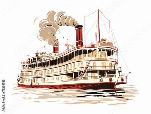 Drawing of Large steamboat retro illustration separated, sweeping overdrawn lines.