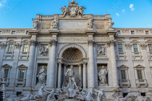 Trevi fountain from front without people on a sunny day. Sightseeing and landmark in Rome Italy