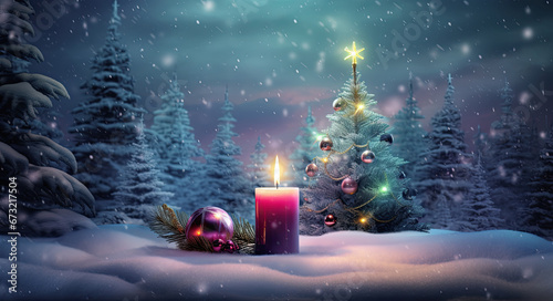 fondo de innvierno con vela de navidad encendidas bajo la nieve junto bolas, figuras decorativas y árbol de navidad sobre superficie nevada y fondo de bosque desenfocado 