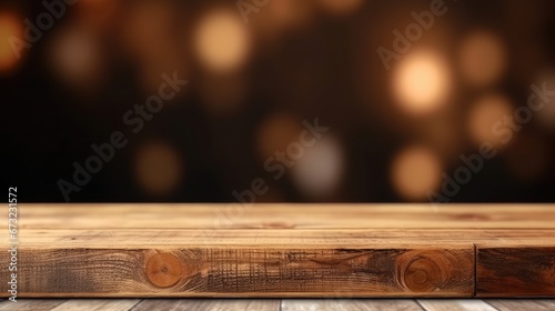 Beautiful blurred boreal forest background view with empty rustic wooden table for mockup product display.
