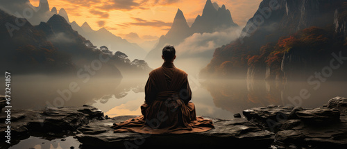 The monk finds solace in the ancient Chinese temple's sacredness, surrounded by misty mountains. He meditates, immersing himself in the profound spirituality of the moment.