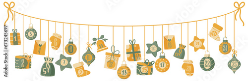 Calendrier de l'avent sous forme de guirlande de Noël - Illustrations colorées et festives pour les fêtes de fin d'année - Numéros de 1 à 25 pour préparer les fêtes - Culture et tradition - Décembre