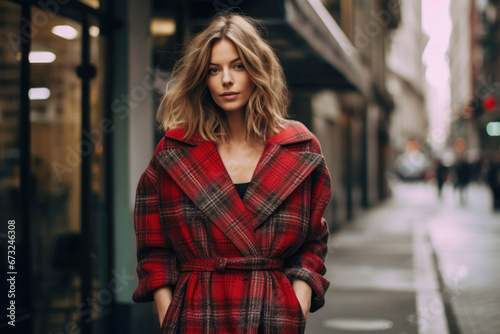 Portrait of a Young Woman in a Red Plaid Coat on the Street