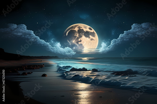 Full Moon reflecting off the ocean waves, cloudy night on a sandy beach