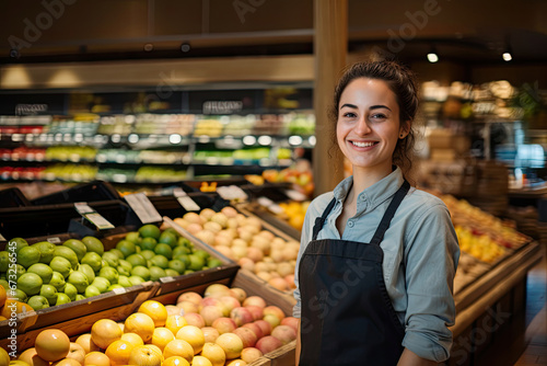 Smiling saleswoman near counter with fruits in the supermarket