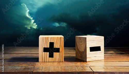 Black of plus and minus sign in on wooden cube copy space