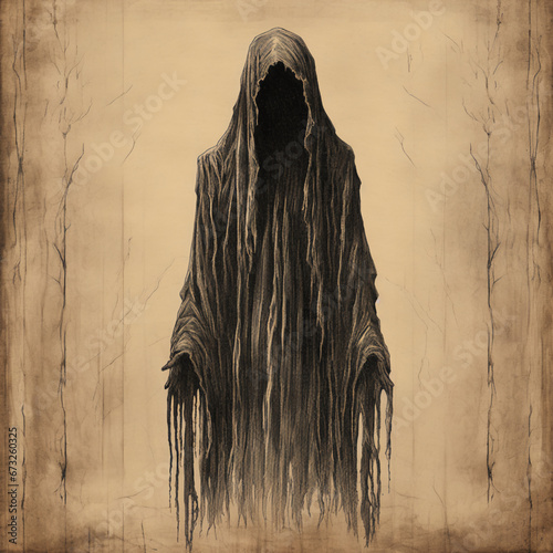 Hauntingly Detailed Line Art Illustration of a Creepy Halloween Wraith