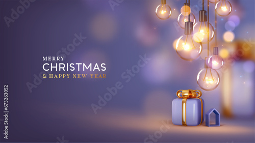 Christmas lilac background with realistic 3d retro glass light bulbs hanging on a ribbon, surprise gift box, blurred bokeh lights effect. Xmas Holiday design. vector illustration