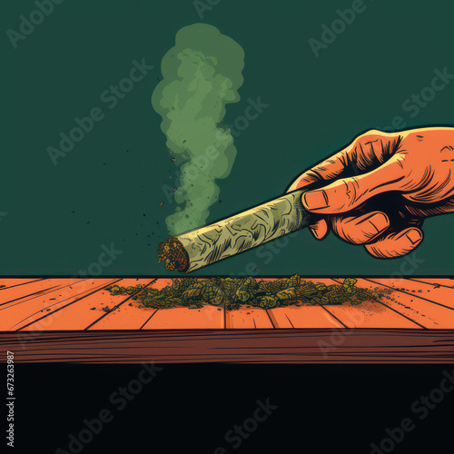 A rolled joint smoking over a pile of weed