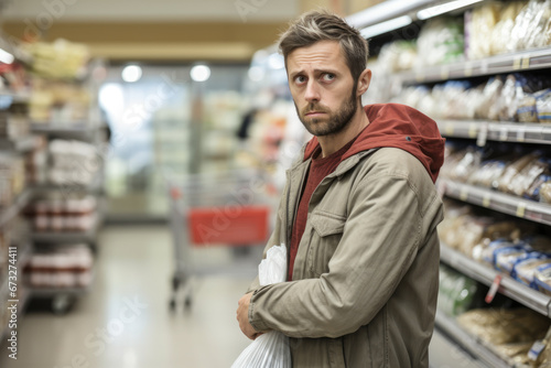 Shoplifter. A man hides stolen goods under his jacket. Retail theft. A man steals from a supermarket.