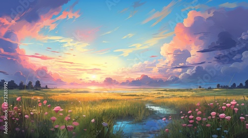 Beautiful landscape background. Cartoon summer sunrise with clouds, field, mountain and sunshine. Anime style