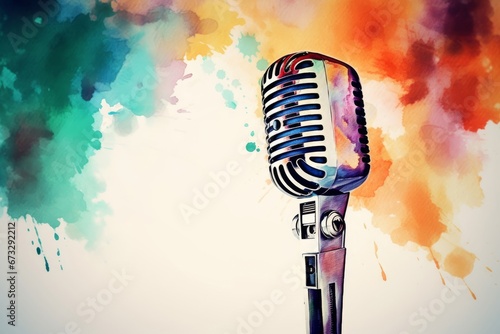 Retro style microphone on a stage with watercolor background. Microphone, Generative AI