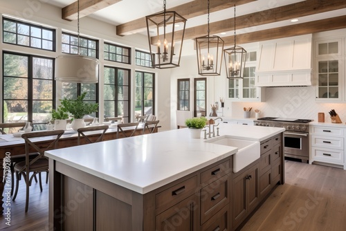 Traditional kitchen in a luxury home luxury chandeliers and large windows