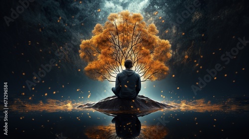 person meditate at nature under tree branch, new life, solitude and tranquility concept, serene and calm scene