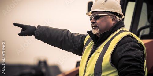 A construction banksman skillfully directs heavy machinery using precise hand signals, orchestrating the complex movements of equipment on a construction site with expertise and precision.engineer