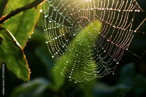 A spider web with a dewy drop and leafy background. Generative AI