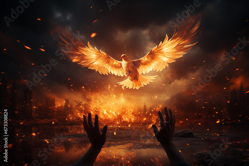 bird of peace flying in flames