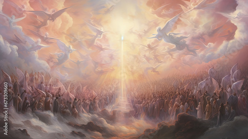 abstract artistic illustration, crowd of people and angels pray to heaven with yellow sunlight ray shine from above over cloudy sky, Generative Ai