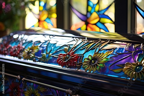 Colorful casket in hearse or chapel before burial