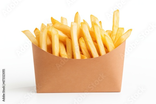 French fries in a paper wrapper isolated on white background Front view