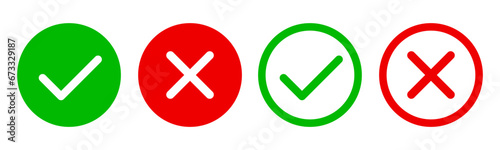 Set green approval check mark and red cross icons in circle and square, checklist signs, flat checkmark approval badge, isolated tick symbol