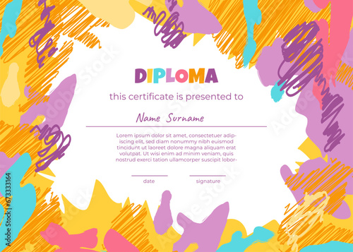 Colorful school and preschool diploma certificate for kids and children in kindergarten or primary grades with doodle elements. Modern colorful Diploma template for kids. Vector illustration. Art kids