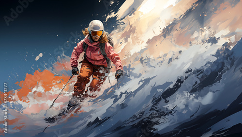 Skifahrer in den Bergen als Zeichnung Polygon im Querformat als Banner, ai generativ