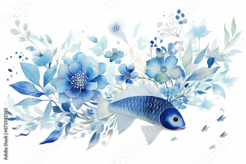Blue watercolor illustration of ray fish with floral composition on white background. Generative AI
