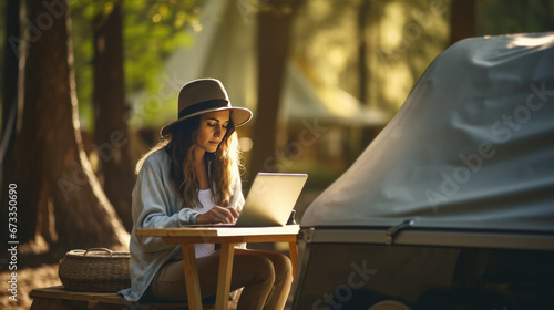 Caucasian freelancer woman sits on ground in forest working online on modern laptop on travel car background.