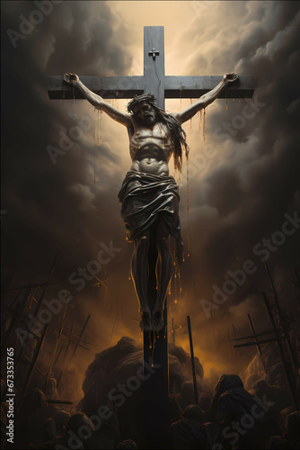 Jesus Christ crucified on the cross by Romans, a cloudy sky perspective