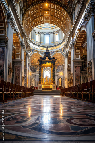 Realistic portrait of St Peter's Basilica golden interior cathedral pews