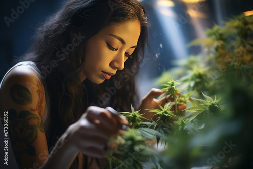 Asian female cannabis grower trimming cannabis plants in an indoor cannabis farm.