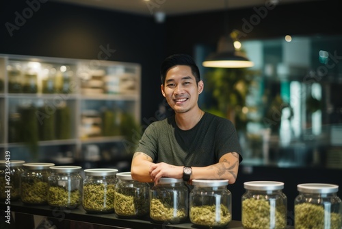 portrait of happy male Asian cannabis dispensary manager, sitting at the counter