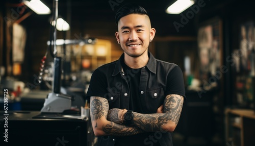 male tattoo artist sitting smiling in front of his tattoo studio