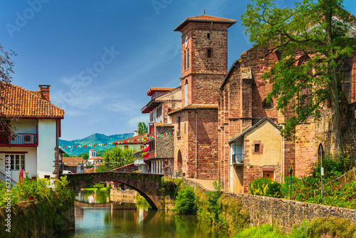 Scenic view of a picturesque French town crossed by a tranquil river. Saint-Jean-Pied-de-Port, France